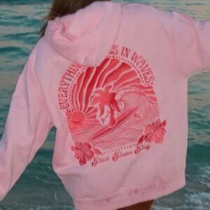 Pink Palm Puff Hoodie - Everything Comes in Waves in Pink - Size Medium - BNWT